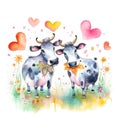 Watercolor painting of a couple of cows in love in nature with hearts kids style Generative AI Illustration Royalty Free Stock Photo