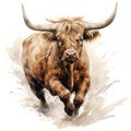 Watercolor painting of cow highland running on white background. Wildlife Animals. Illustration, Generative AI Royalty Free Stock Photo