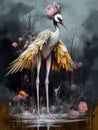Watercolor painting of a crane with a flower on the head. Fantasy bird. AI Generated