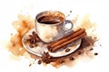 watercolor painting of cup with hot coffee drink with cinnamon and cloves