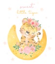 Watercolor painting cute adorable baby tiger face head with crown, born to roar, cute animal character idea for child and kid Royalty Free Stock Photo