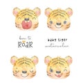 Watercolor painting cute adorable baby tiger face head in different emotions, born to roar, cute animal character idea for child