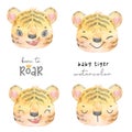 Watercolor painting cute adorable baby tiger face head in different emotions, born to roar, cute animal character idea for child