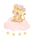 Watercolor painting cute adorable sweet baby tiger girl sitting on pink cloud, welcome baby girl, cute wildlife animal nursery kid