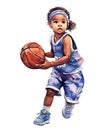 Watercolor and painting cute African American baby doll girl cartoon is playing basketball isolated on white background Royalty Free Stock Photo