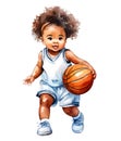 Watercolor and painting cute African American baby doll girl cartoon is playing basketball isolated on white background Royalty Free Stock Photo