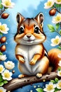 A watercolor painting of cute chipmunk, standing on a branch with nuts and flowers, cartoon, digital anime art