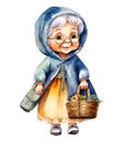 Watercolor and painting cute elderly old woman doll with woven basket cartoon isolated on white background Royalty Free Stock Photo