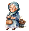 Watercolor and painting cute elderly old woman doll with woven basket cartoon isolated on white background Royalty Free Stock Photo