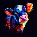 Watercolor painting of a cute, innocence and curiosity calf endearing expression on its face. Splashes of paint