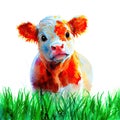 Watercolor painting of a cute, innocence and curiosity calf endearing expression on its face. Splashes of paint