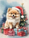 Watercolor painting of cute Pomeranian dog in Santa Claus hat sitting on gifts boxes and Christmas tree on background Royalty Free Stock Photo