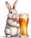 Painting of a cute rabbit and a large glass of beer. AI-Generated.