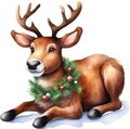 Watercolor painting of cute reindeer with a Christmas theme. Ai-generated.