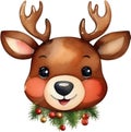 Watercolor painting of cute reindeer with a Christmas theme. Ai-generated.