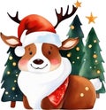 Watercolor painting of cute reindeer with a Christmas theme. Ai-generated.