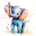 Watercolor painting of a cute sitting elephant, playful and cheerful