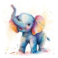 Watercolor painting of a cute sitting elephant, playful and cheerful