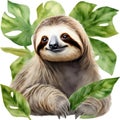 Watercolor painting of a cute Sloth (Folivora). AI-Generated.