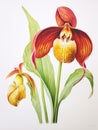 Watercolor Painting of Cypripedium Calceolus on White Canvas AI Generated Royalty Free Stock Photo