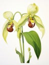 Watercolor Painting of Cypripedium Calceolus on White Canvas AI Generated Royalty Free Stock Photo