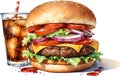 Watercolor painting of a delicious-looking Burger and fries. Ai-generated.