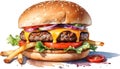 Watercolor painting of a delicious-looking Burger and fries. Ai-generated.