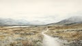 Watercolor Illustration Of Tranquil Tundra Landscape With Road