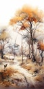 Savanna Serenity: Watercolor Painting Of Nature Scene With Deer And Trees