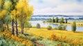 Watercolor Painting Of Fjord With Dnieper River, Willow And Poplar Trees, Blue Sky, And Yellow Field