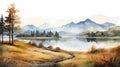 November Landscape Watercolor Painting With Grassland, Lake, And Mountains