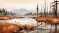 November Landscape: Marsh In Watercolor Style With Trees, Lake, And Mountains