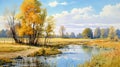 Watercolor Painting Of Wetland With Dnieper River And Trees