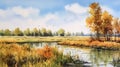 Watercolor Painting Of Wetland With Dnieper River And Trees