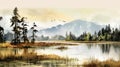 November Swamp In Watercolor Style With Trees, Lake, And Mountains