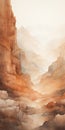 Dreamlike Watercolor Painting Of Karst Canyon Valley And Desert Terrain