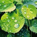 Watercolor painting of dewdrops on leaves