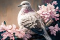 Watercolor painting of dove on blooming twig, close-up, printable digital illustration