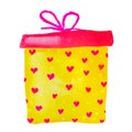 Watercolor painting drawing of yellow and pink birthday Valentine present gift box, isolated