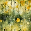 Watercolor painting with dreamlike illustrations of flowers in a field (tiled)