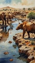 Watercolor painting: A drought causing animals to congregate around limited water sources, their struggle for resources a