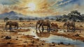 Watercolor painting: A drought causing animals to congregate around limited water sources, their struggle for resources a