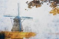 Watercolor painting of Dutch windmill silhouette