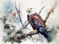 A watercolor painting of an eagle perched on a tree branch. Generative AI image. Royalty Free Stock Photo