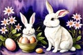 Watercolor painting Easter bunny, Eggs, Nature Landscapes. Happy easter day. Cute bunny AI Generated