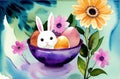 Watercolor painting Easter bunny, Eggs, Nature Landscapes. Happy easter day. Cute bunny AI Generated