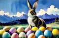 Watercolor painting Easter bunny, Eggs, Nature Landscapes. Happy easter day. Cute bunny AI Generated