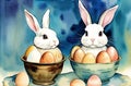 Watercolor painting Easter bunny, Eggs, Nature Landscapes. Happy easter day. Cute bunny AI Generated