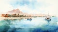 Watercolor Painting Of Egyptian Fishing Boats At The Coast