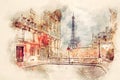 Watercolor painting of Eiffel Tower in Paris, France Royalty Free Stock Photo